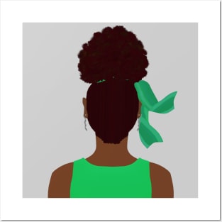 High Afro Puff Ponytail with Green Outfit (Light Gray Background) Posters and Art